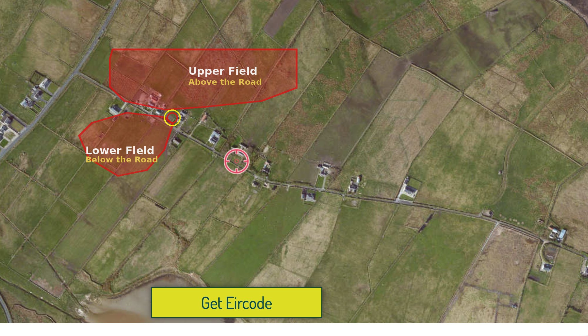Aerial view with land highlighted in red — upper and lower fields