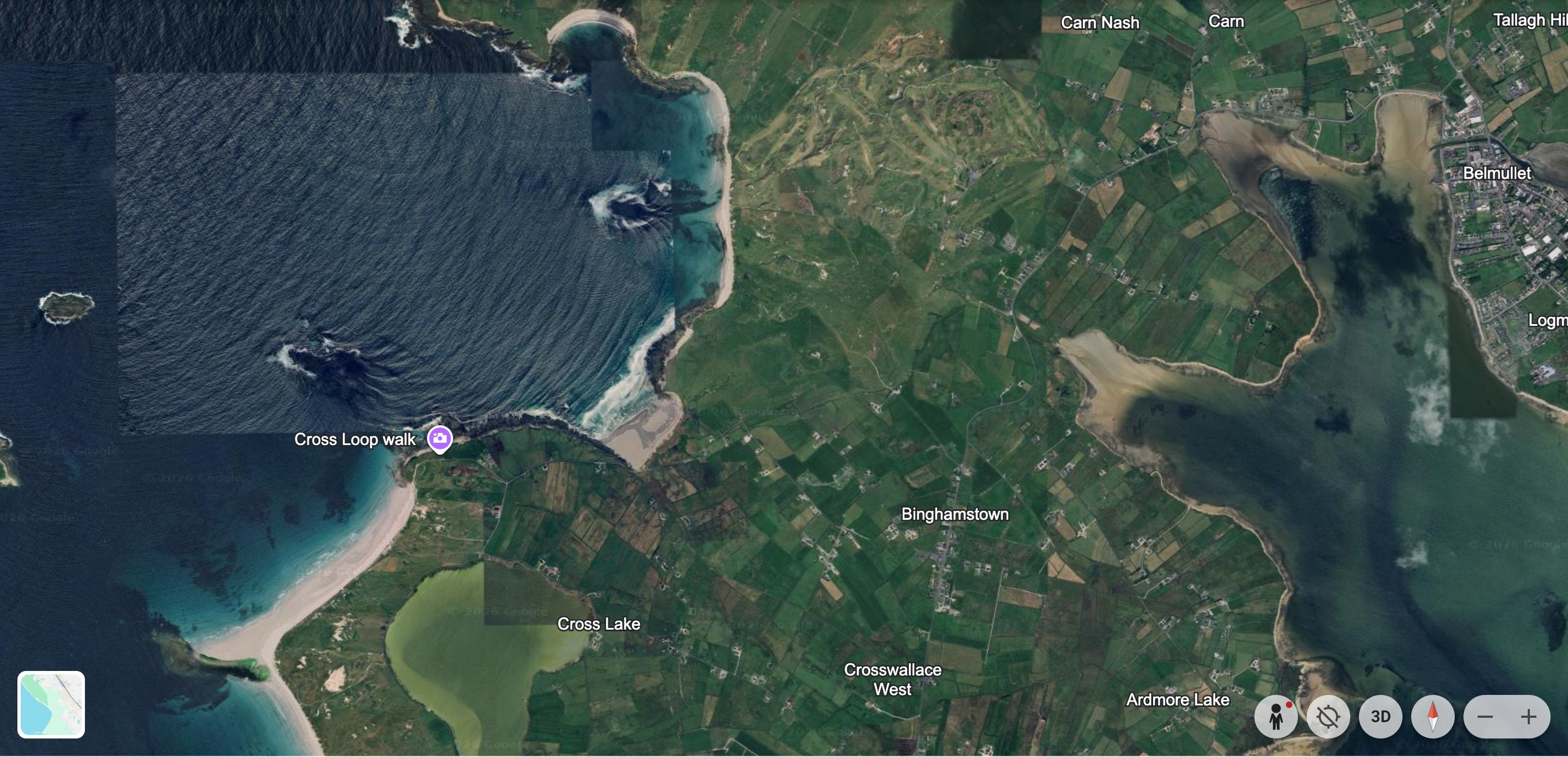 Google Earth overview showing Carne Golf Links and Emlybeg, Belmullet